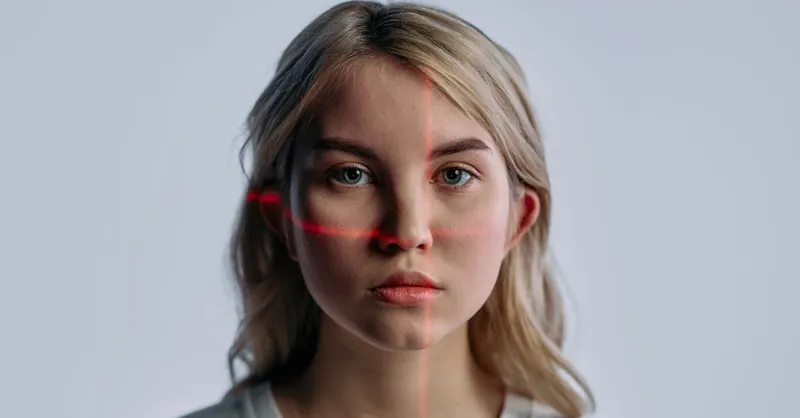 Close-up of a young woman with facial recognition lasers projected, symbolizing future technology.