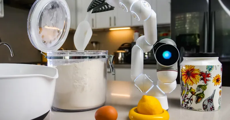 A futuristic kitchen robot assists with ingredients on a countertop.