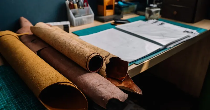 Leather rolls on a workshop desk with tools and sketches, ideal for crafting projects.