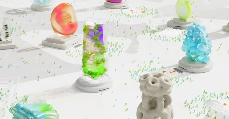 Vibrant futuristic 3D render featuring abstract shapes and AI themes.