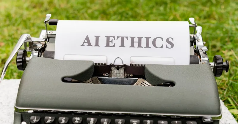 A vintage typewriter outdoors displaying "AI ethics" on paper, symbolizing tradition meets technology.