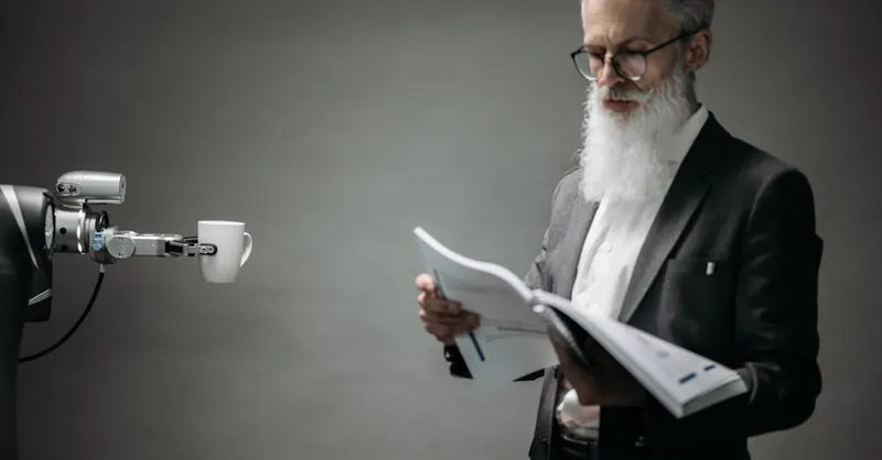 A robot arm assists a professional with a book and coffee in a modern office setup. Technology meets innovation.
