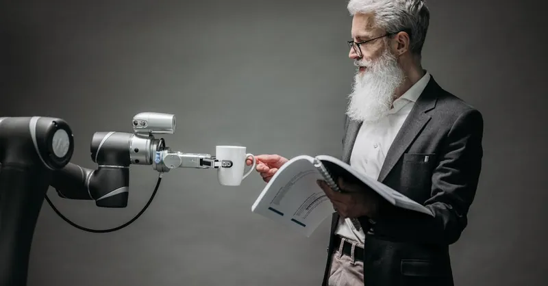 A scientist interacts with a robot helper, demonstrating modern technological innovation.