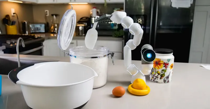 AI-powered robot assisting in a kitchen, highlighting smart technology in everyday cooking.