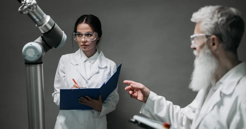 Scientists in lab coats analyze advanced robotics technology, highlighting innovation and teamwork.