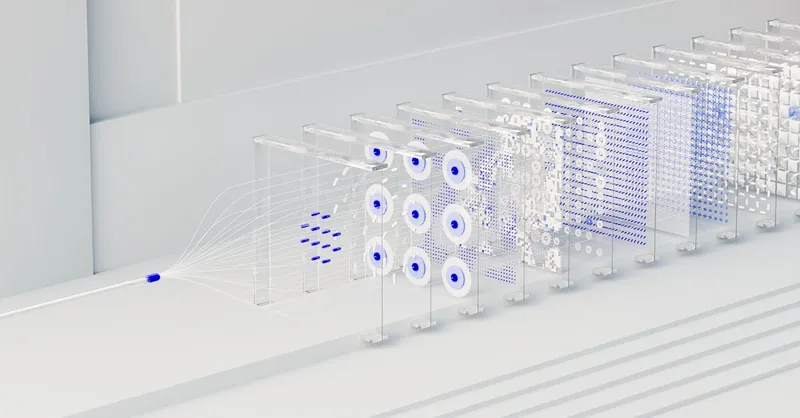 Visual abstraction of neural networks in AI technology, featuring data flow and algorithms.