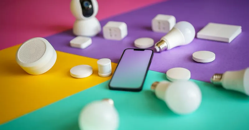 Smart devices arranged on colorful background showcasing modern technology options.
