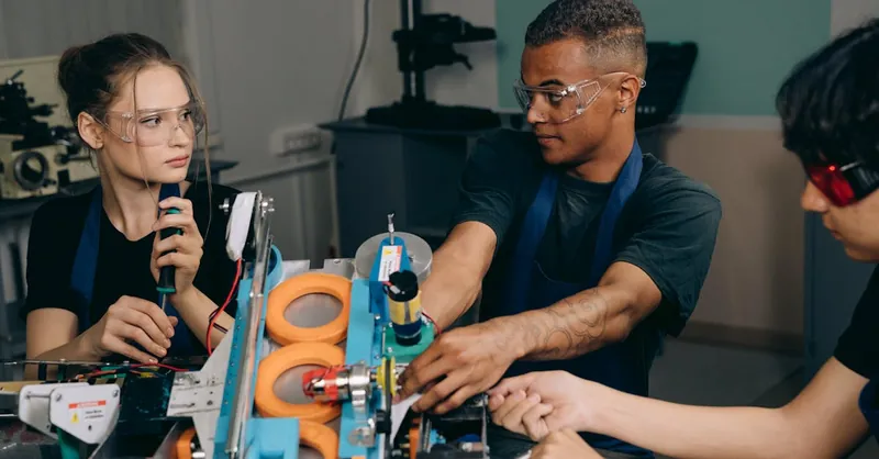 Three engineers collaborate on industrial machinery, emphasizing teamwork and technology in a manufacturing setting.