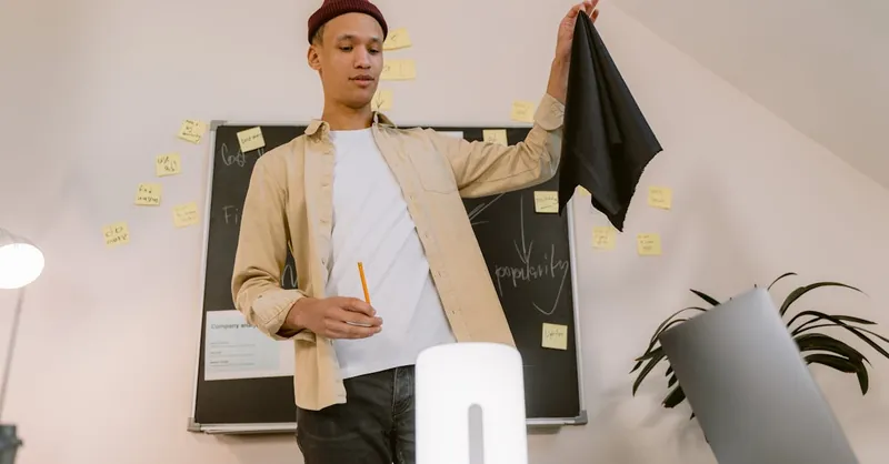 A young man brainstorming ideas with sticky notes in a modern office setting.