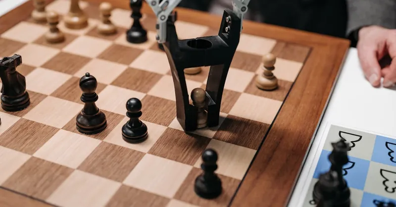 Robotic arm playing a strategic chess game on a wooden board, showcasing technology and innovation.