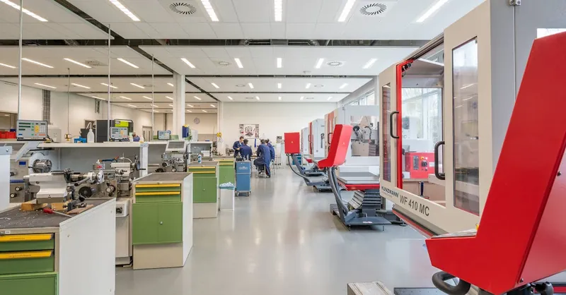 Spacious workshop with state-of-the-art machinery, highlighting industry and technology.