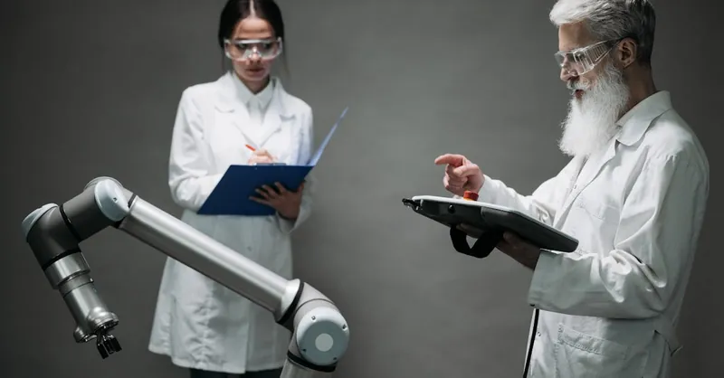 Scientists in a lab working with a robot, focusing on technological innovation and development.