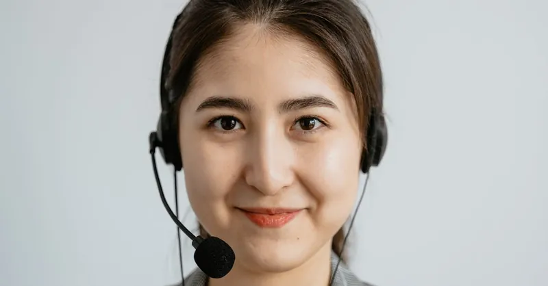 Portrait of a smiling customer service representative with a headset.