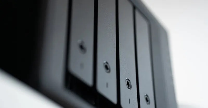 Detailed view of a black data storage unit highlighting modern technology and data management.