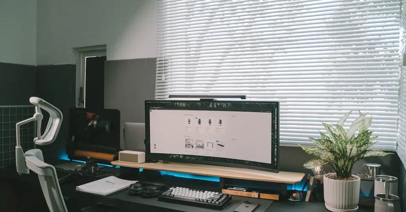 A modern office desk setup featuring a computer monitor, ergonomic chair, and potted plant by a window.