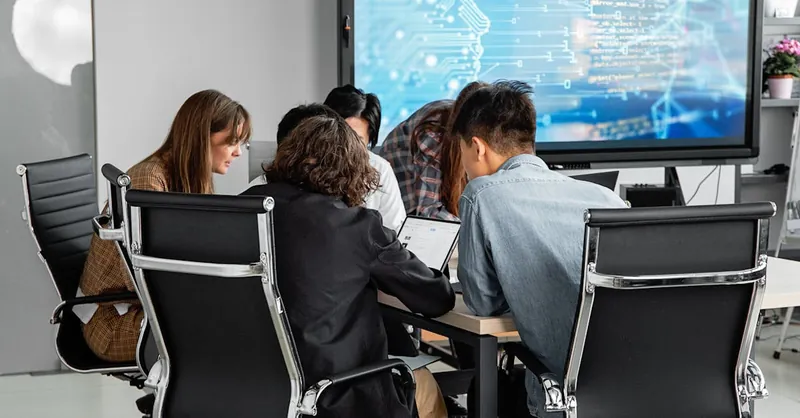 A diverse team collaborating in a modern office environment with a digital display.