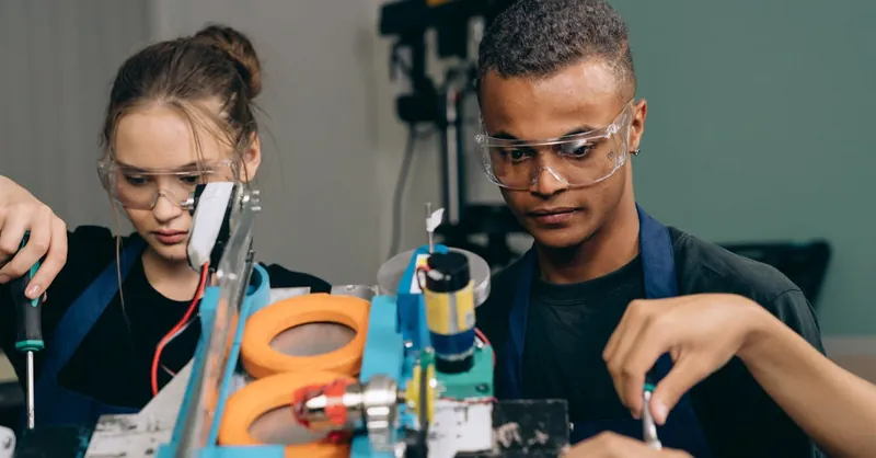 Two young engineers focusing on a robotics project indoors, showcasing teamwork and technology.