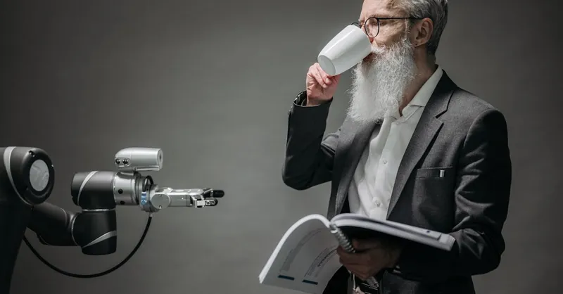 A senior man interacts with a robot while holding a book, symbolizing technology and innovation.
