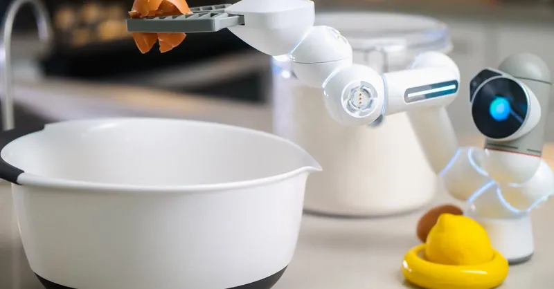 A robotic helper cracks an egg into a bowl in a contemporary kitchen setting, showcasing automation in cooking.