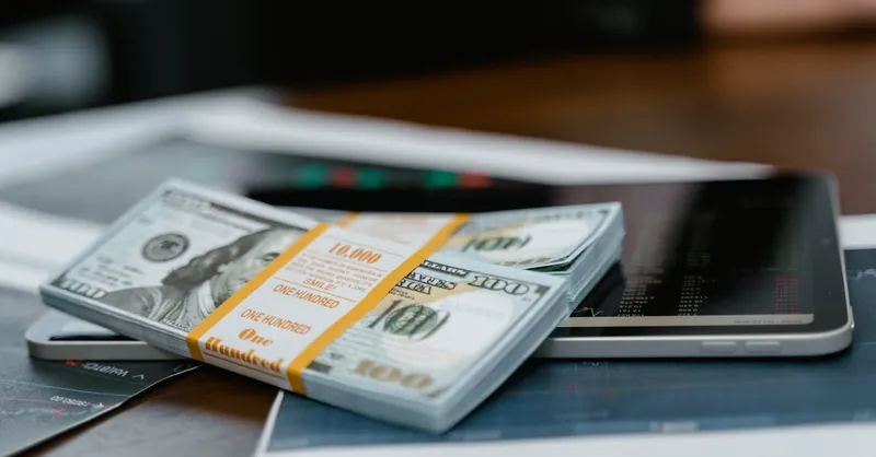 A stack of $100 bills placed on a tablet displaying financial graphs, representing modern finance.